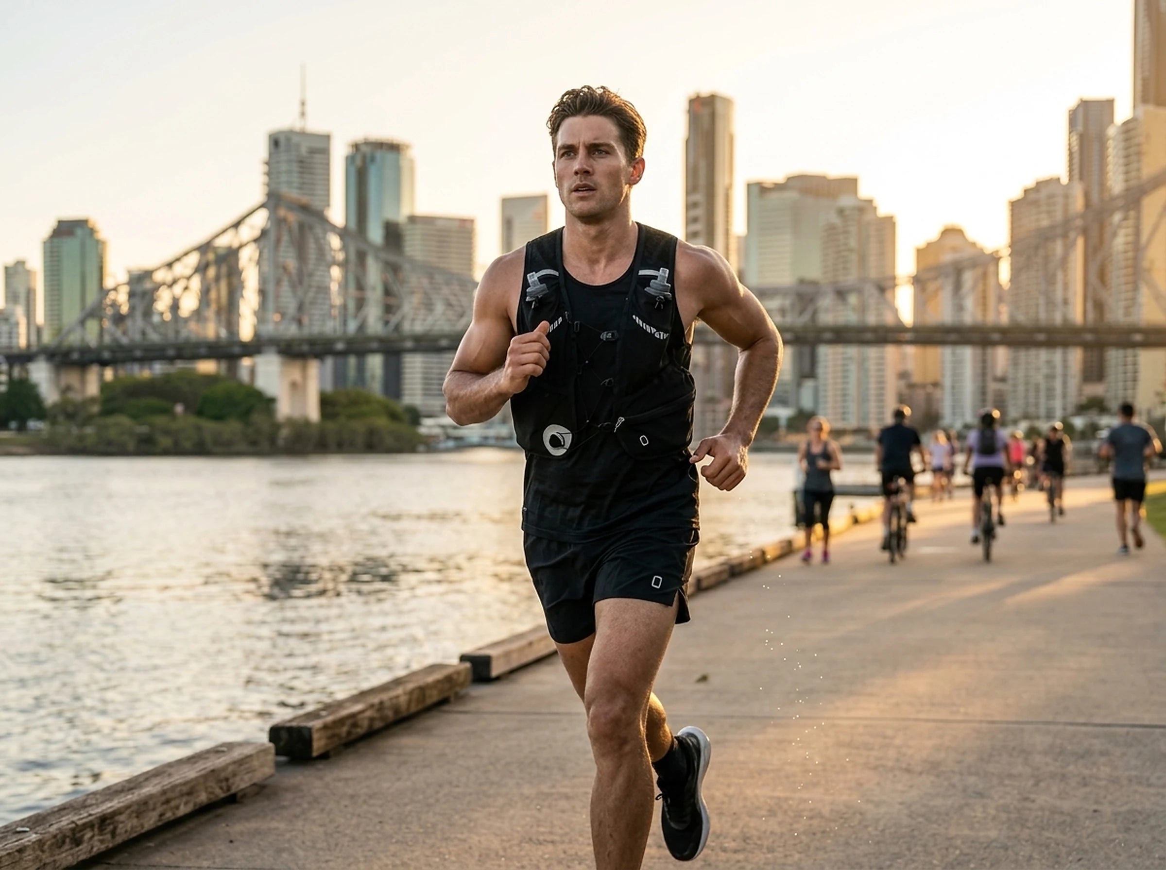 Runner wearing the STRYDE Pro vest on a river path